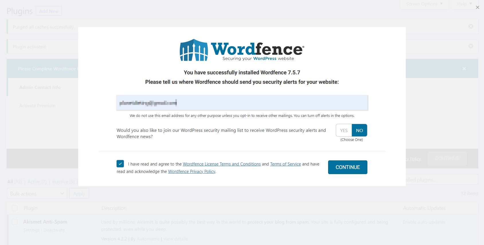 How To Install Wordfence Guide Welcome Screen - Add email completed