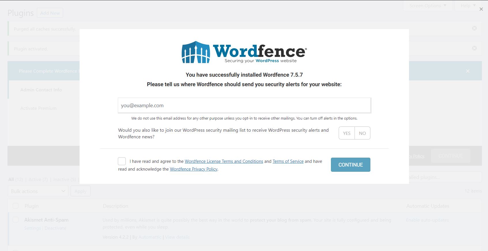 How To Install Wordfence Guide Welcome Screen - Add email